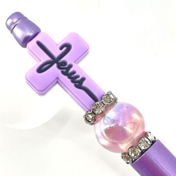 Jesus cross Christ Christian handmade pen NEW beads rhinestone bling lavender pu - Picture 4 of 6